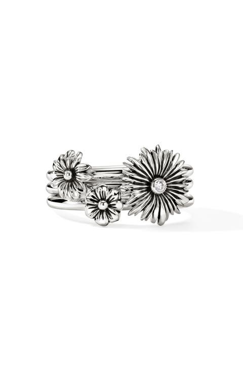 B&F x JH Wildflower Stacking Rings, Sterling Silver, Lab Grown Diamond