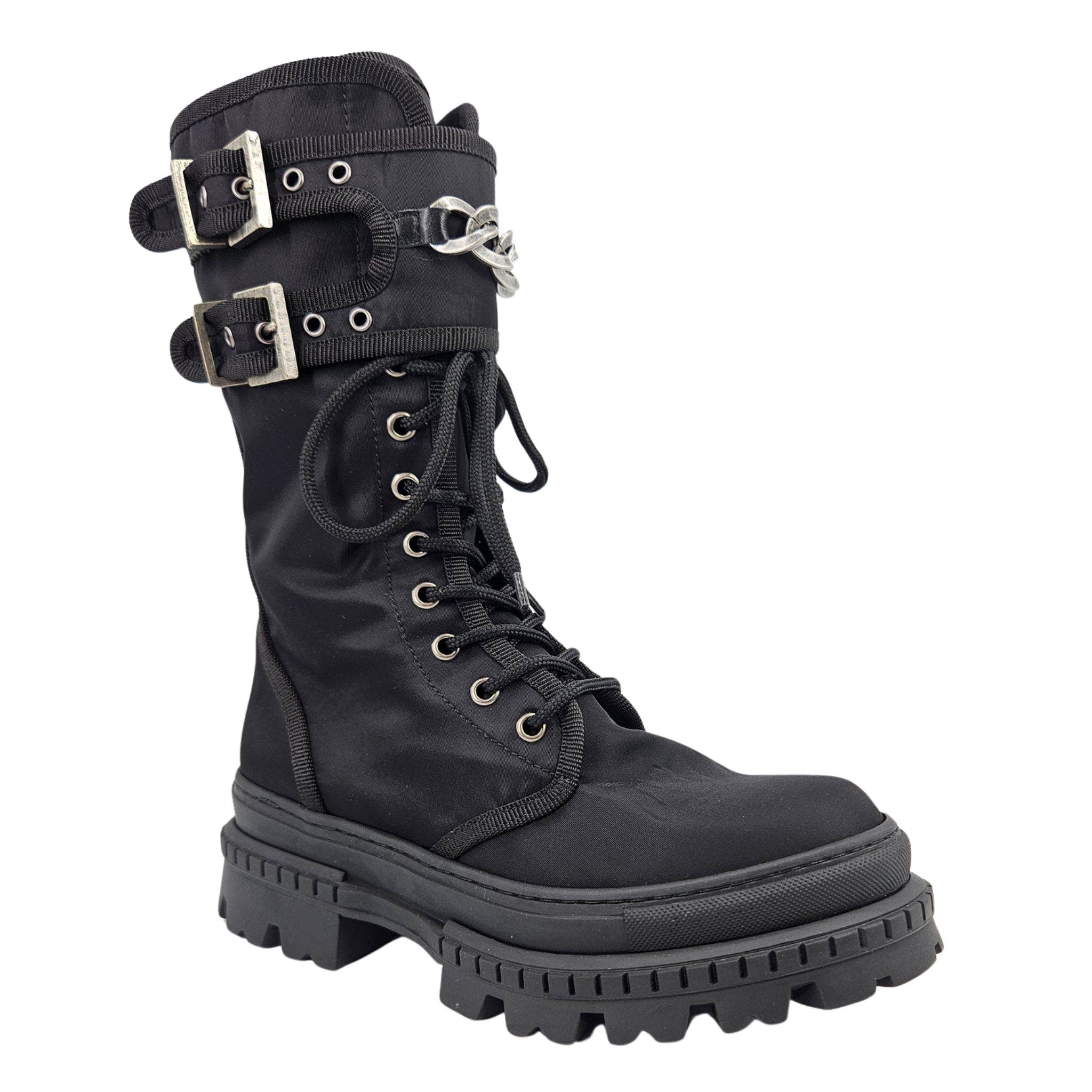 Chain Detail Buckled Combat Boot, Alternate, color, black