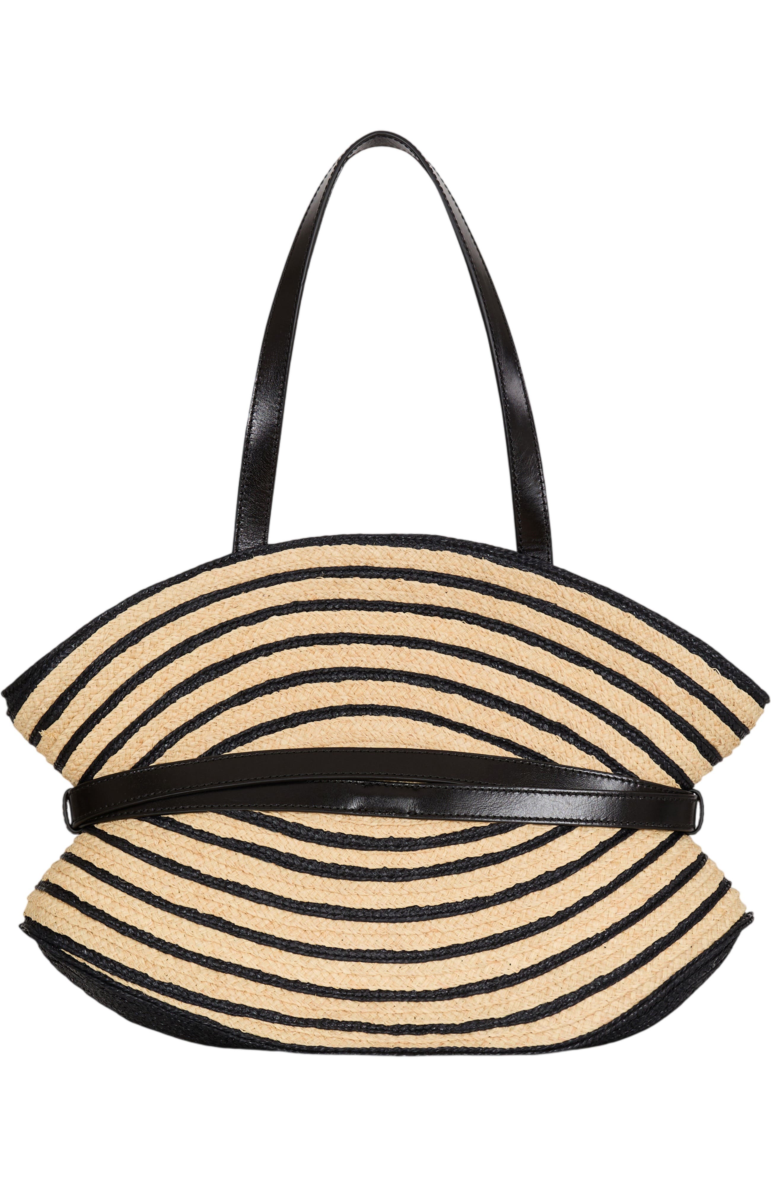 Balmain Medium Shuffle bag in smooth leather and two-tone raffia, Alternate, color, Beige