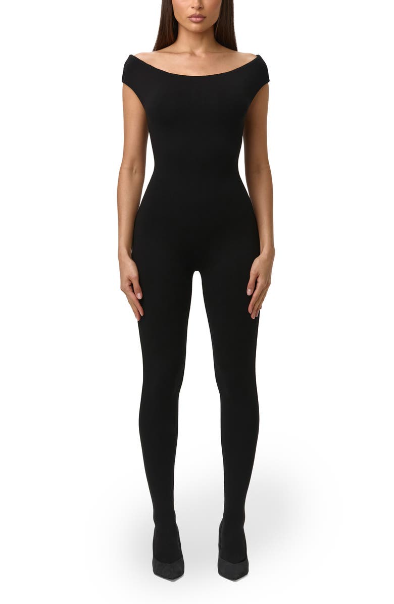 Naked Wardrobe Smooth Off the Shoulder Jumpsuit, Main, color, Black