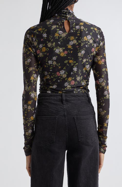Cinq À Sept Floating Daisies Shirred Mesh Mock Neck Top In Black Multi