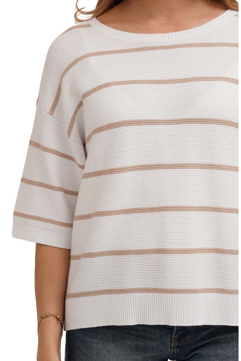 Striped Short Sleeve Sweater, Alternate, color, WHITE/ OATMEAL COOKIE HEATHER