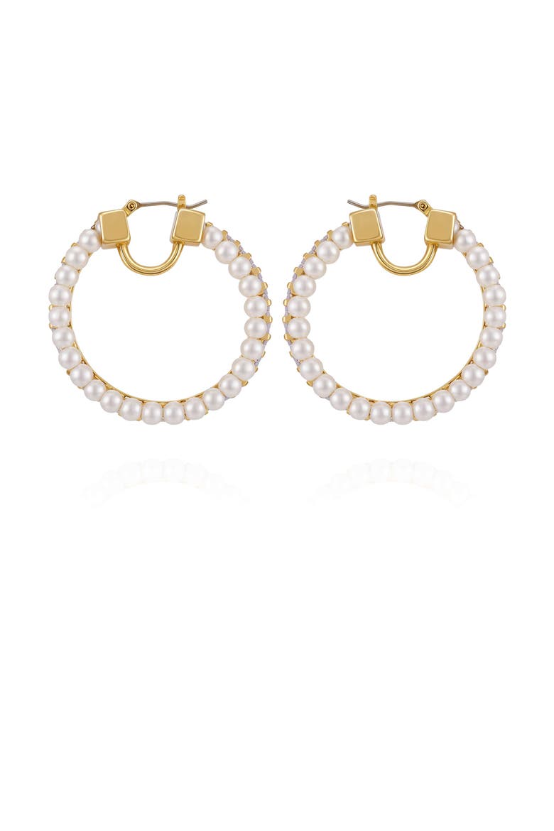 Hoop Earrings with Pearls Baguette Crystals, Main, color, 14K Gold Plated