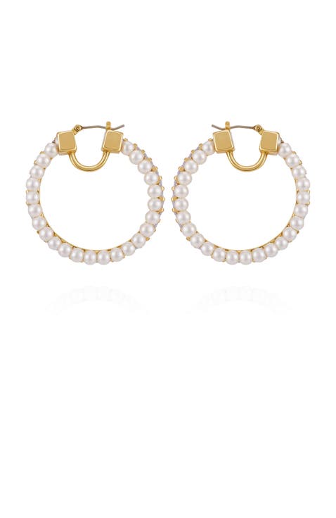 Hoop Earrings with Pearls Baguette Crystals