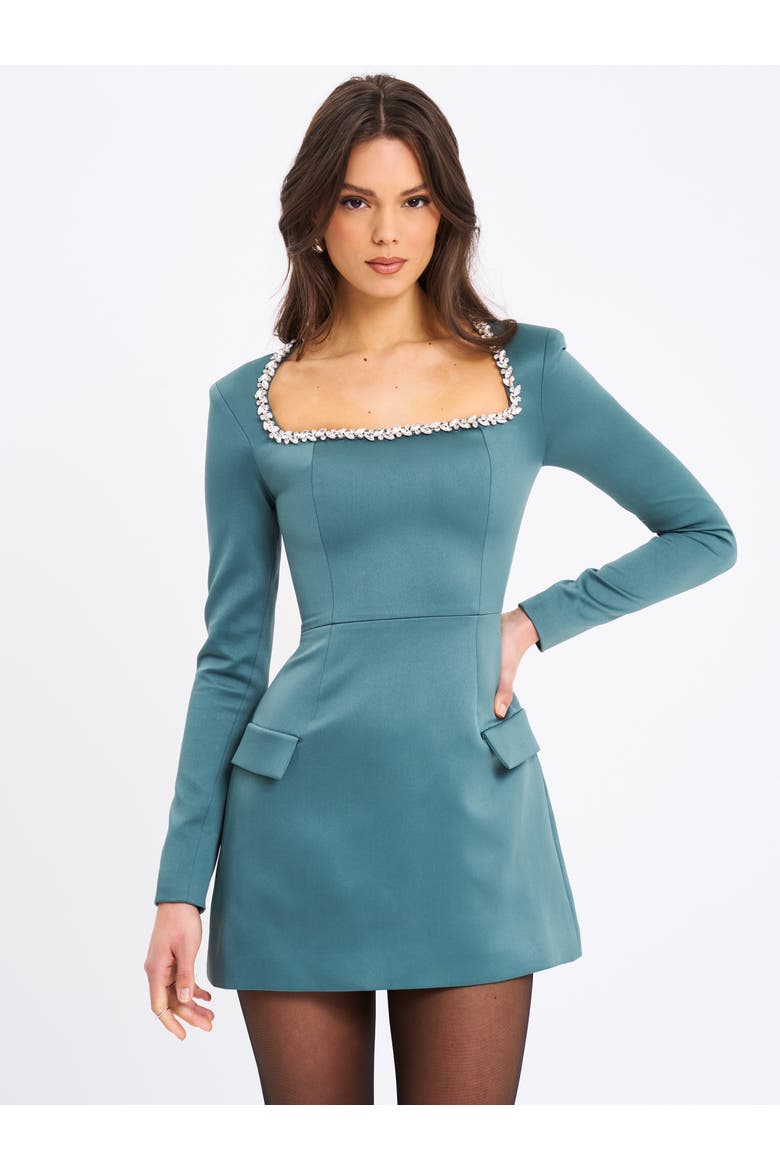 Gabella Long Sleeve A-line Mini Dress with Crystal Trim, Main, color, Dark Green