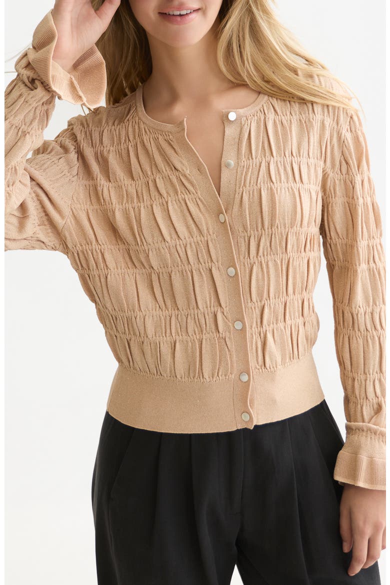 Smock Stitch Crewneck Cardigan, Main, color, SHIFTING SAND