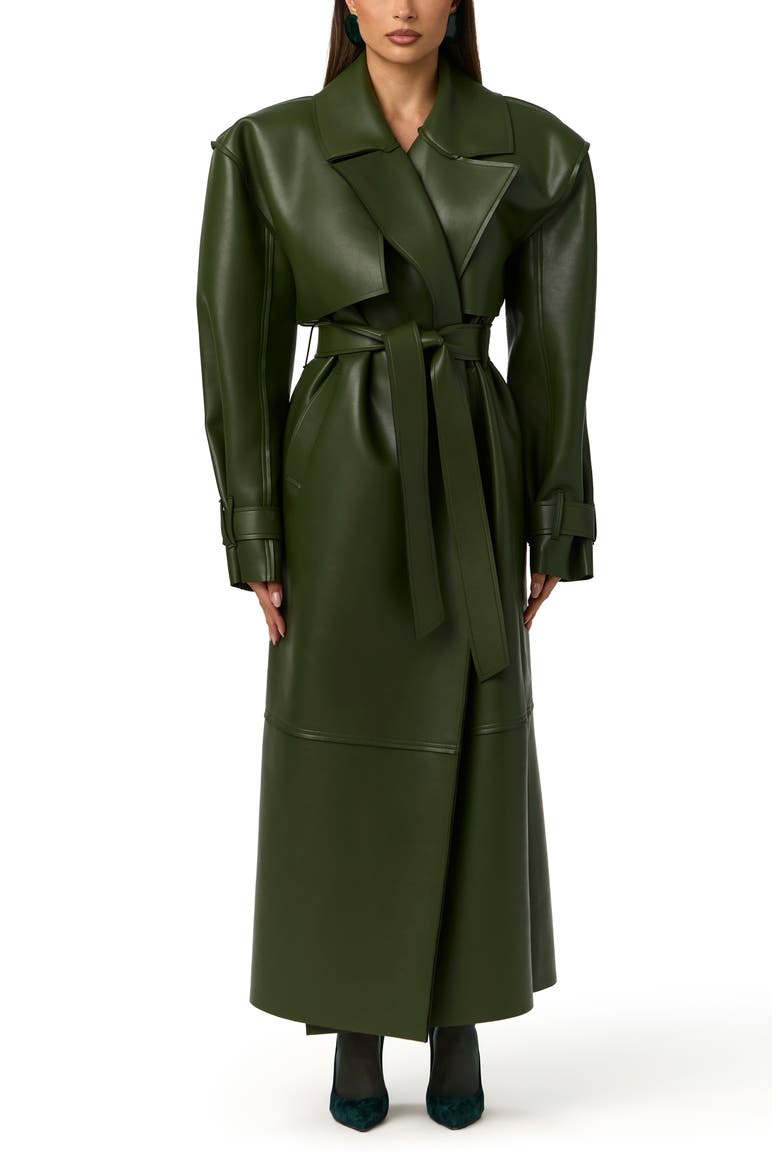 Faux Leather Trench Coat, Main, color, DARK OLIVE