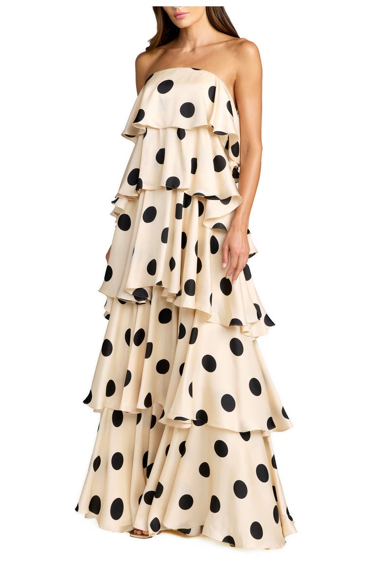 Mac Duggal Strapless Polka Dot Charmeuse Ruffle Gown, Main, color, Cream Black