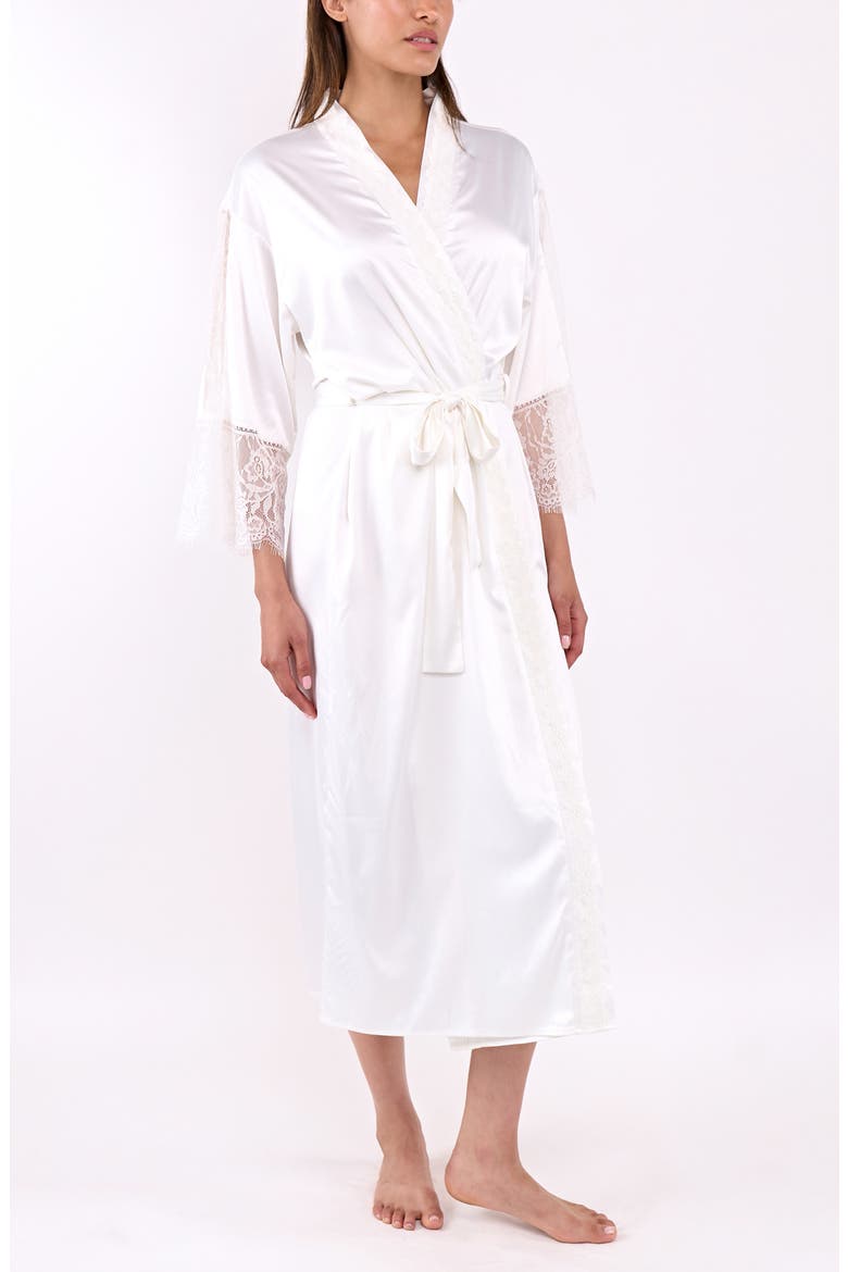 Skyler Lace Trim Satin Long Robe, Alternate, color, IVORY