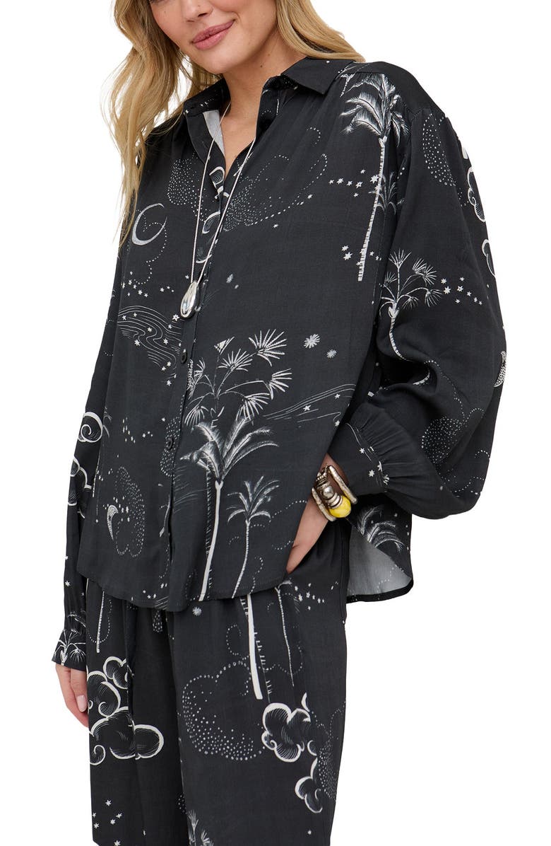 Raffya Palm Button Down Palm Print Shirt, Alternate, color, Black