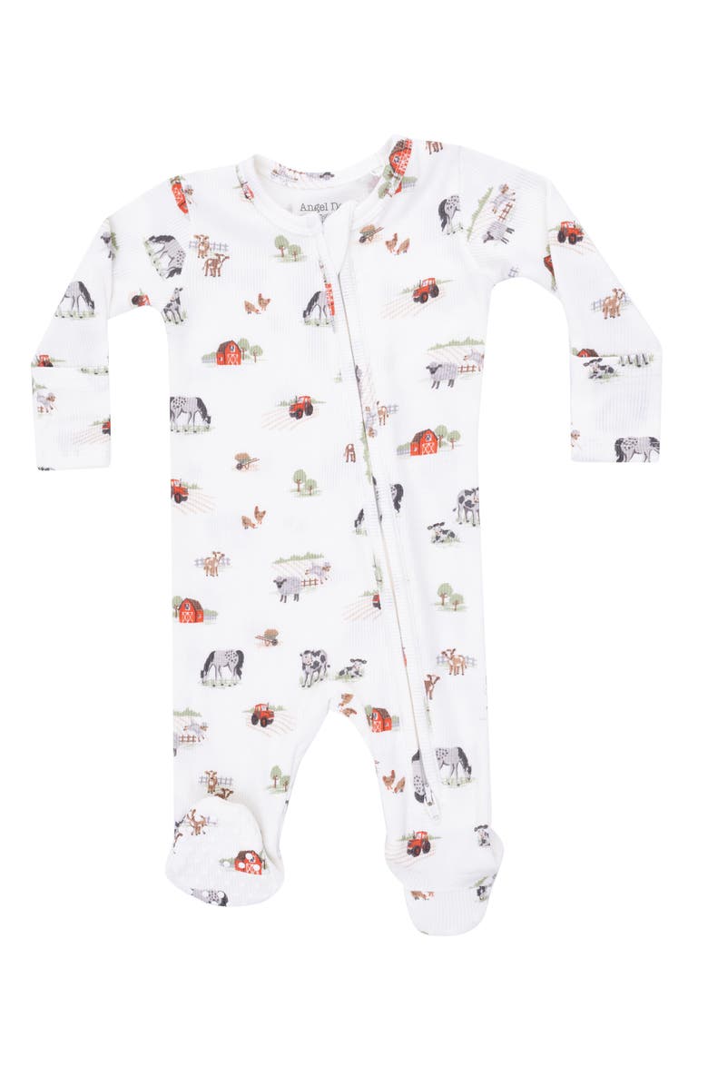 Angel Dear Little Farm Waffle Knit Zip Footie, Main, color, White