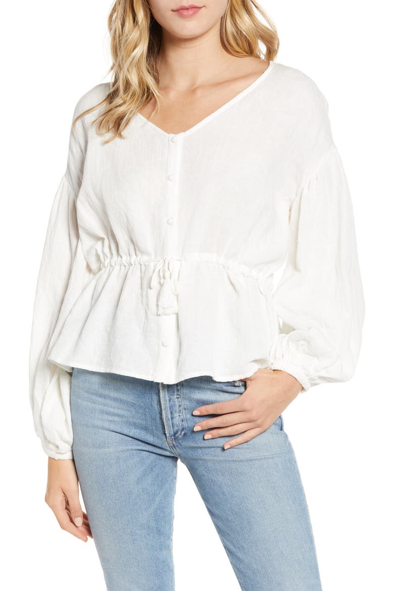 Tie Waist Cotton & Linen Top, Main, color, IVORY