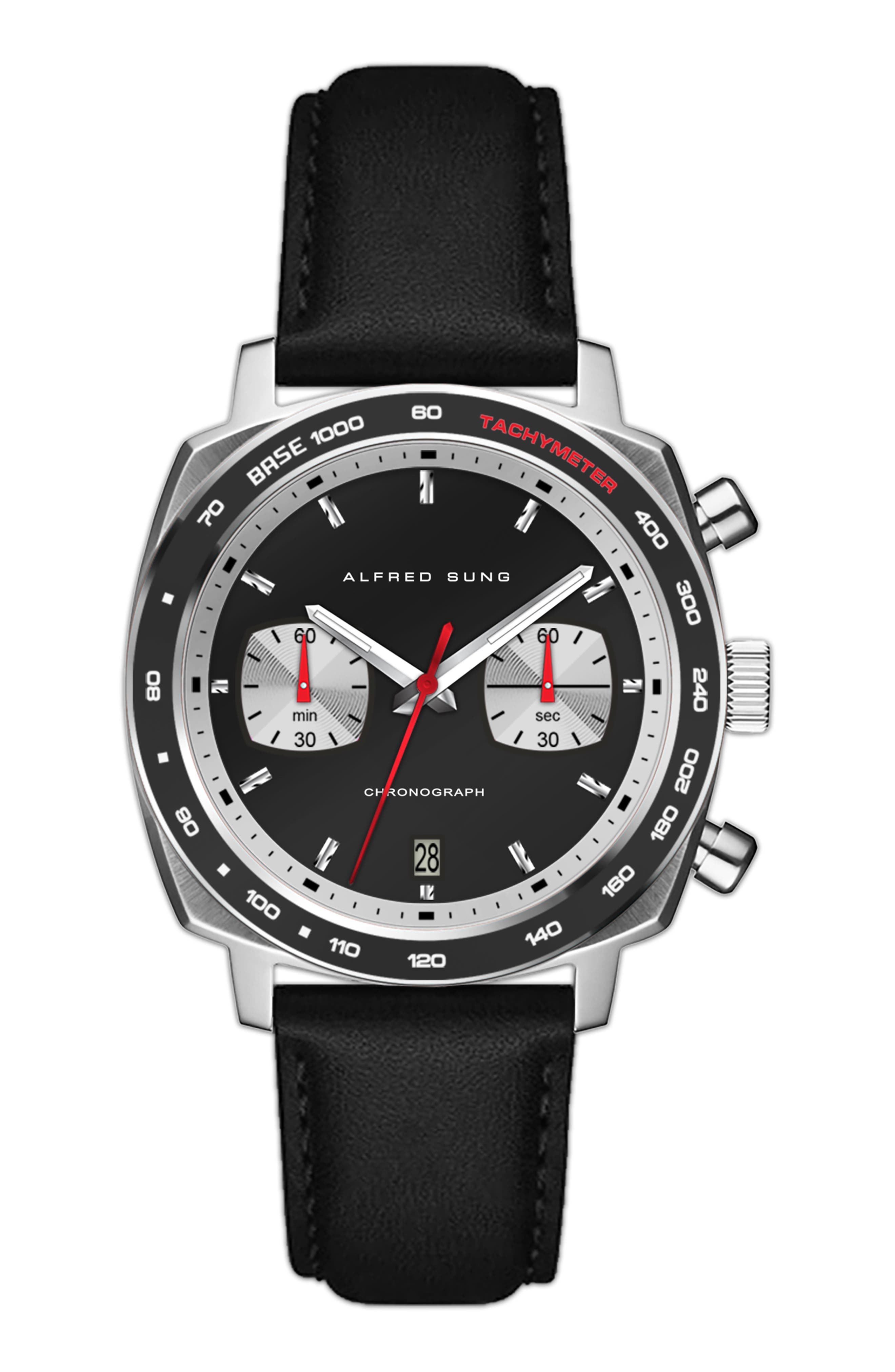 Alfred Sung Chronograph Quartz Leather Strap Watch, 44mm
