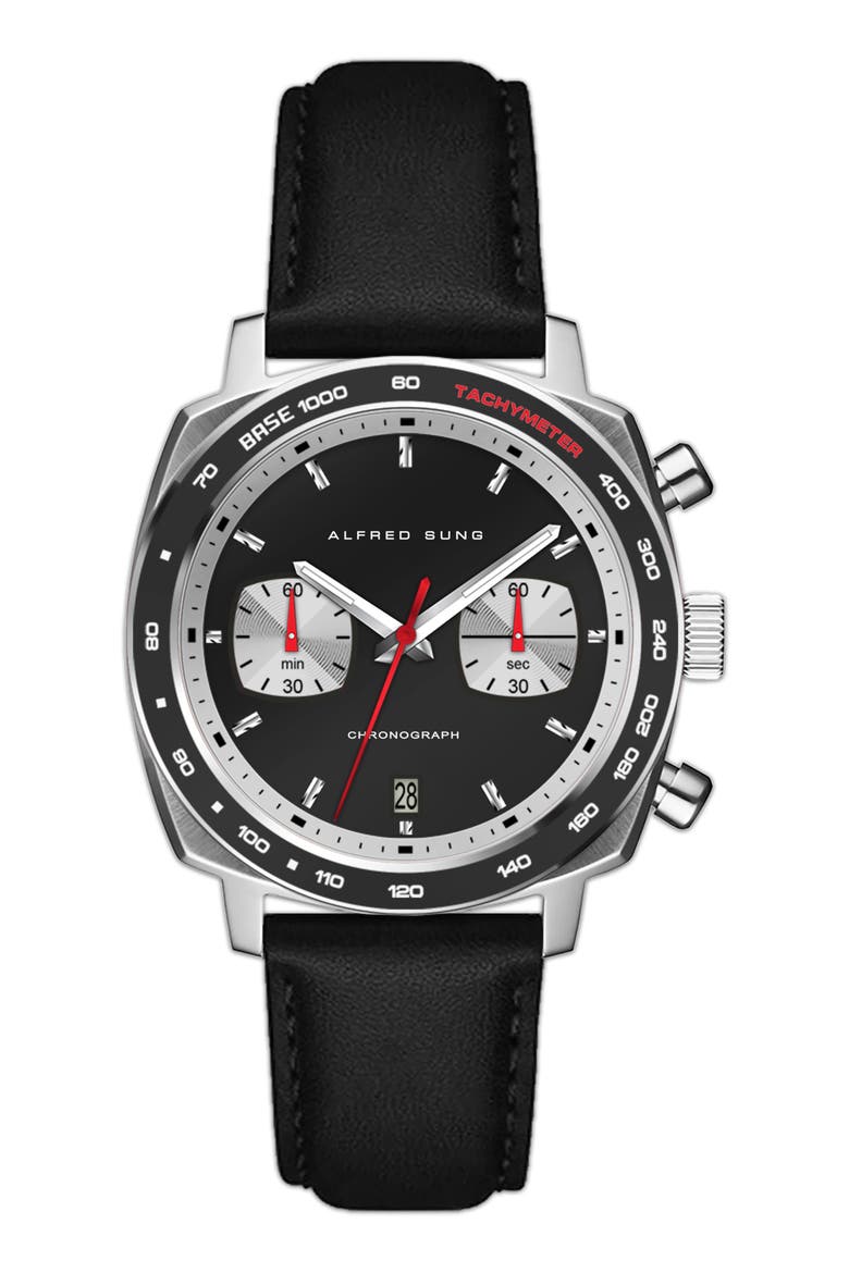 Chronograph Quartz Leather Strap Watch, 44mm, Main, color, BLACK/ BLACK