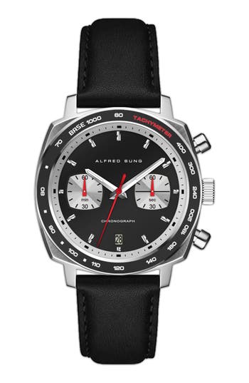 Alfred Sung Chronograph Quartz Leather Strap Watch, 44mm In Black