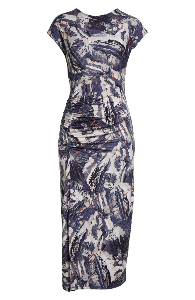 Reiss Lennia Cap Sleeve Ruched Jersey Midi Dress, Alternate, color, Navy/ Neutral