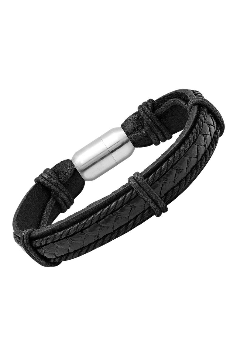 Men's Stainless Steel Charm & Braided Leather Bracelet, Alternate, color, BLACK
