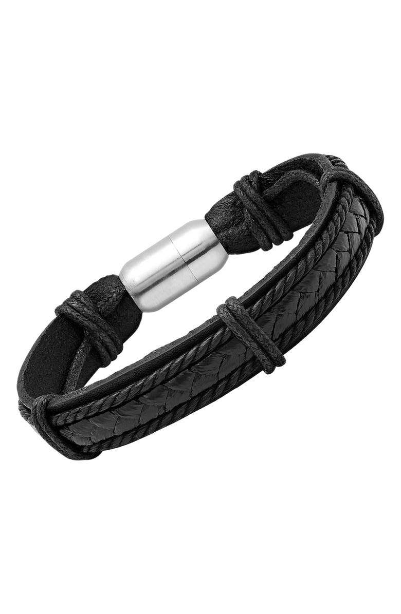 STEELTIME Men's Stainless Steel Charm & Braided Leather Bracelet, Alternate, color, Black