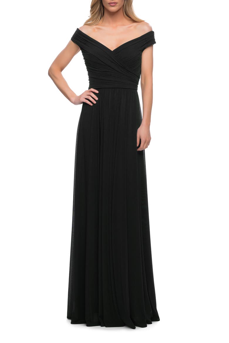 Off the Shoulder Net Jersey Long Dress with Ruching, Main, color, Black