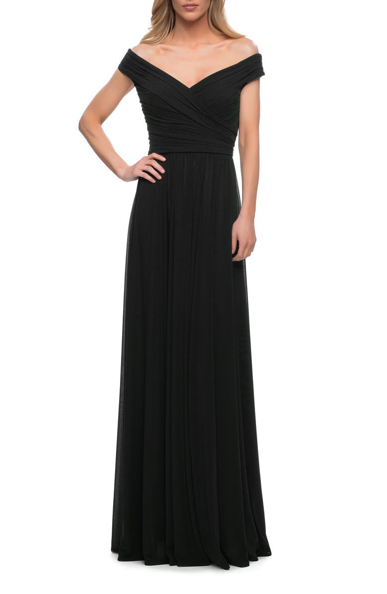 La Femme Off the Shoulder Net Jersey Long Dress with Ruching, Main, color, Black