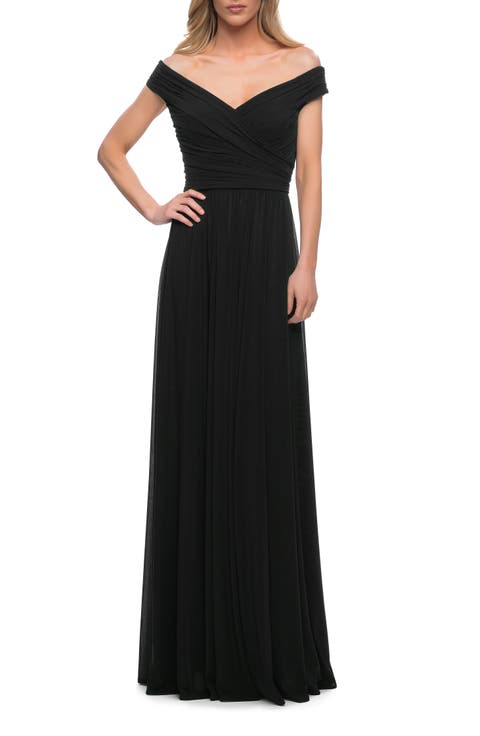 Off the Shoulder Net Jersey Long Dress with Ruching