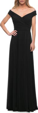 La Femme Off the Shoulder Net Jersey Long Dress with Ruching