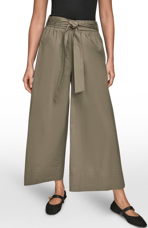 Mid Rise Wide Leg Crop Stretch Cotton Pants