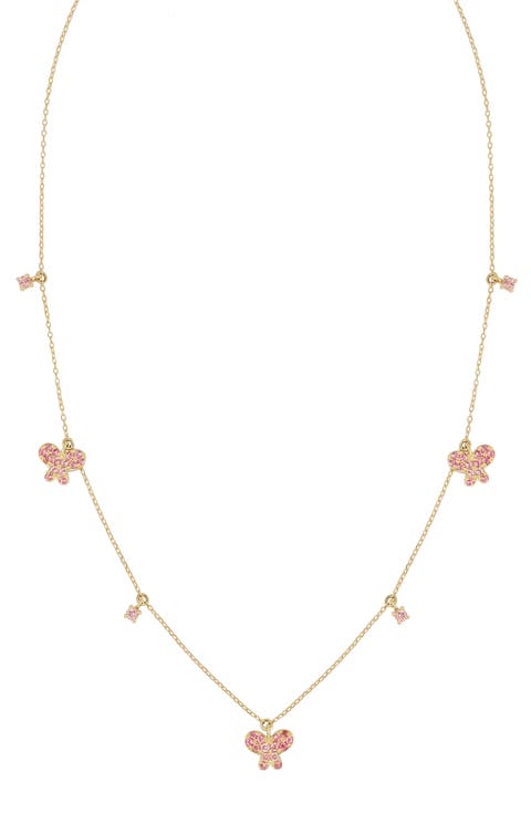 Pink Tourmaline Butterfly Charm Station Necklace