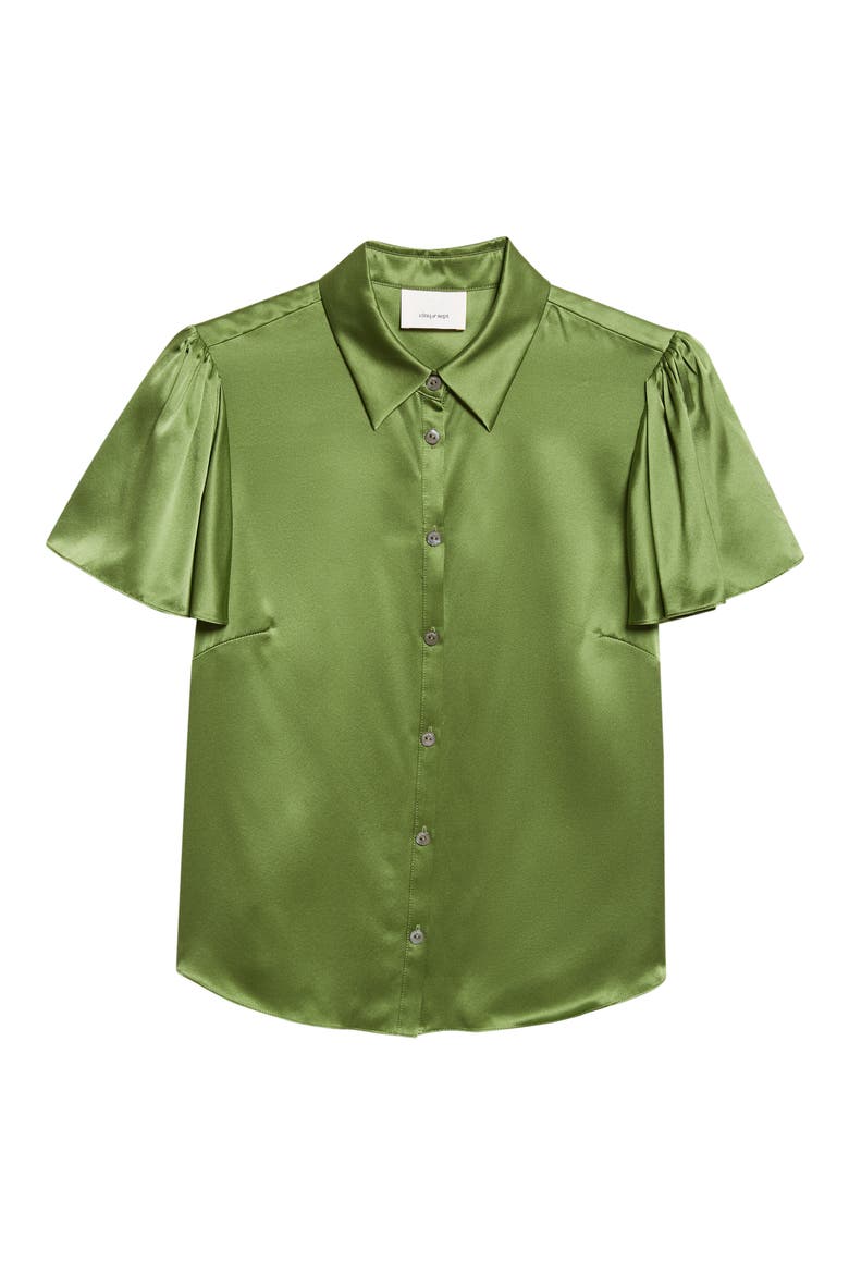 Fiona Flutter Sleeve Silk Satin Button-Up Shirt, Alternate, color, KALE