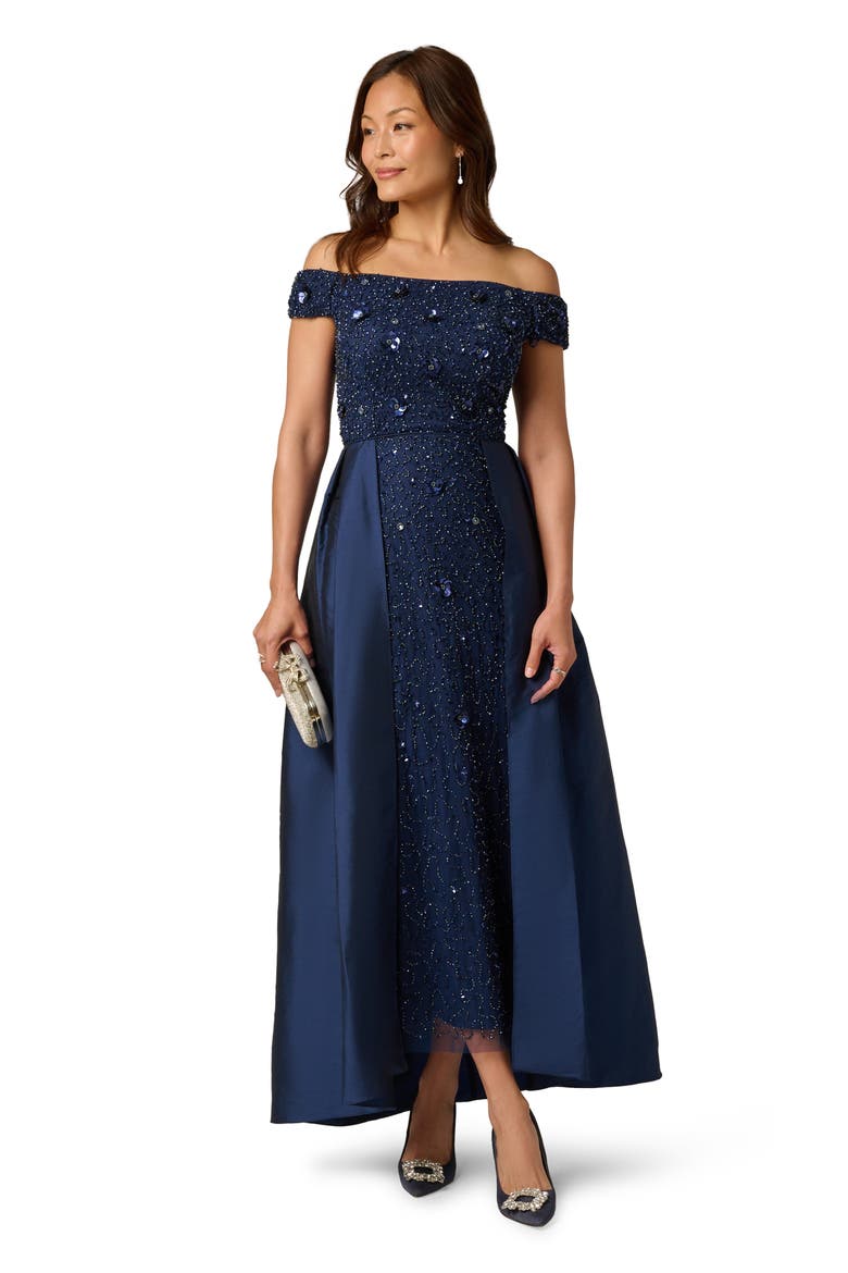 Beaded Overlay Taffeta Gown, Alternate, color, LIGHT NAVY