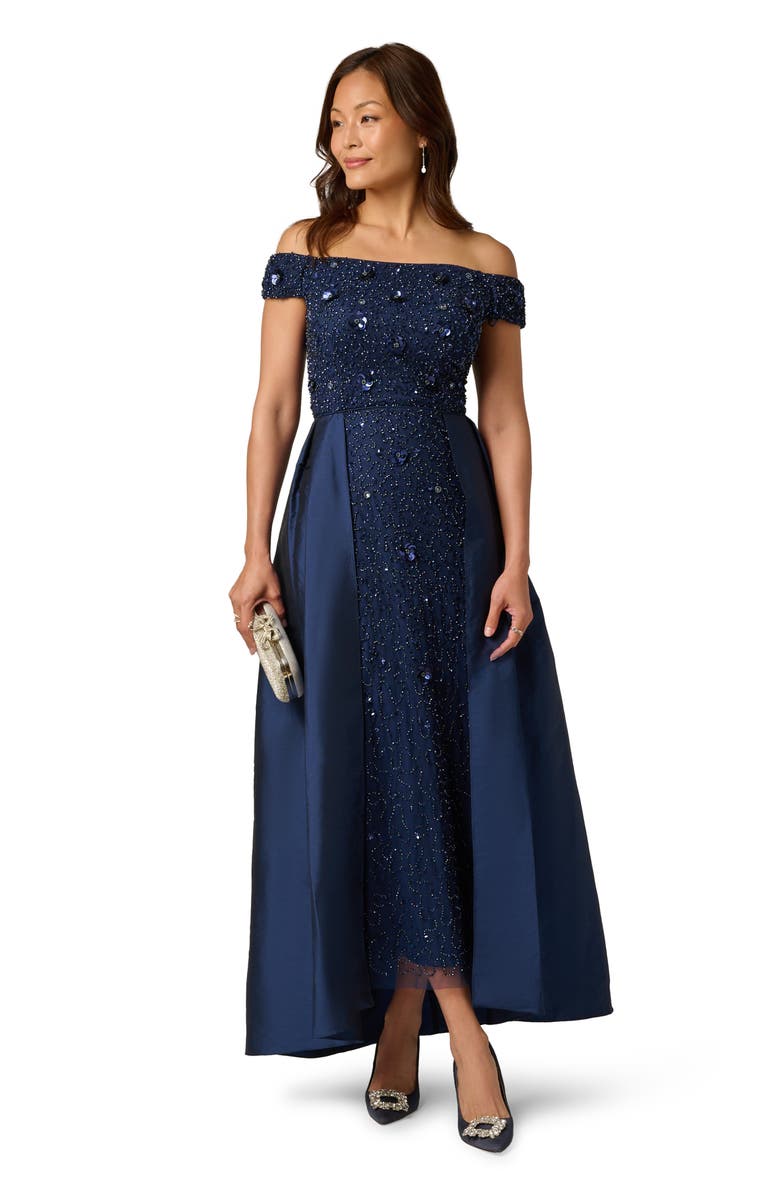 Adrianna Papell Beaded Overlay Taffeta Gown, Alternate, color, Light Navy