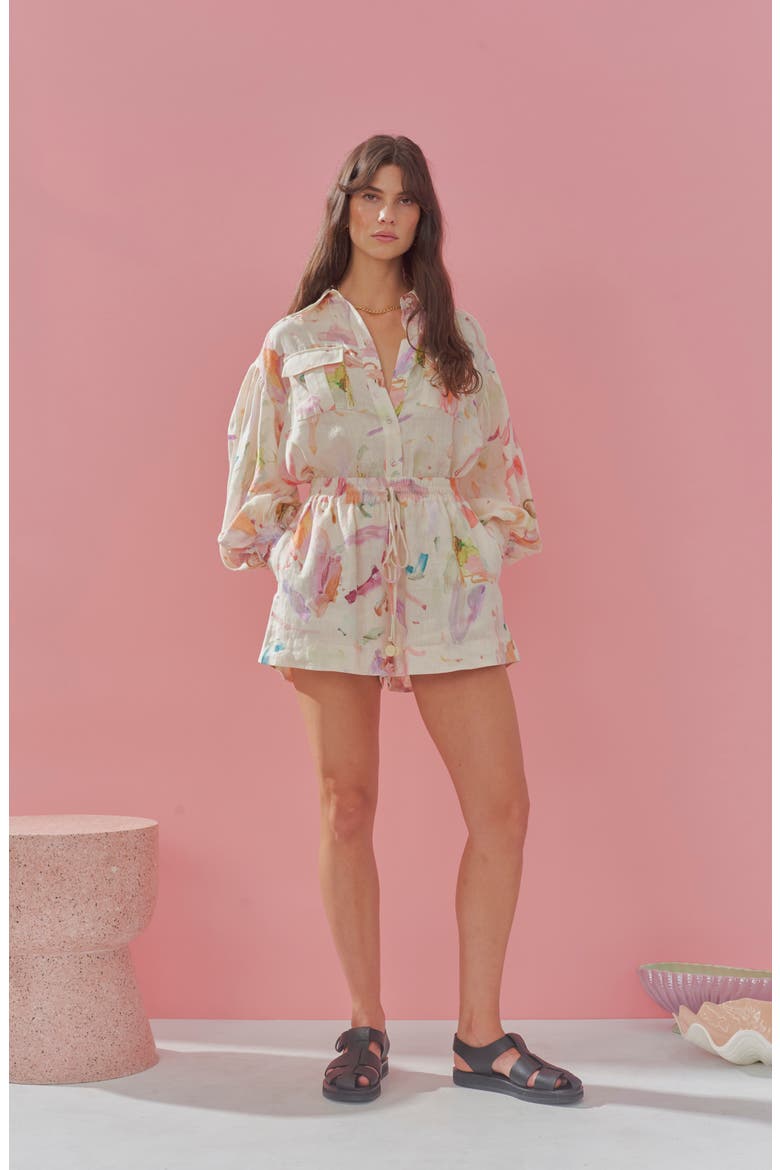Annie Utility Floral Print Linen Button-Up Shirt, Alternate, color, IVORY/ ROSE