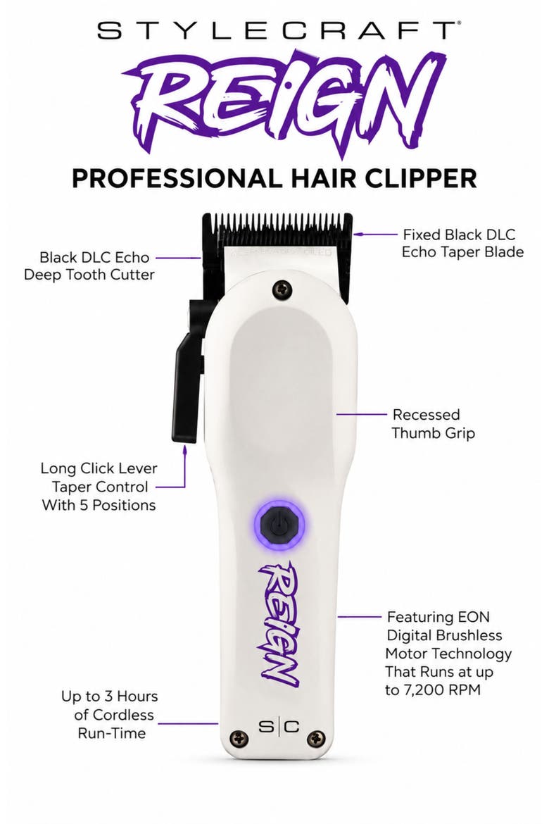 Reign Professional Cordless Hair Clipper, Alternate, color, White