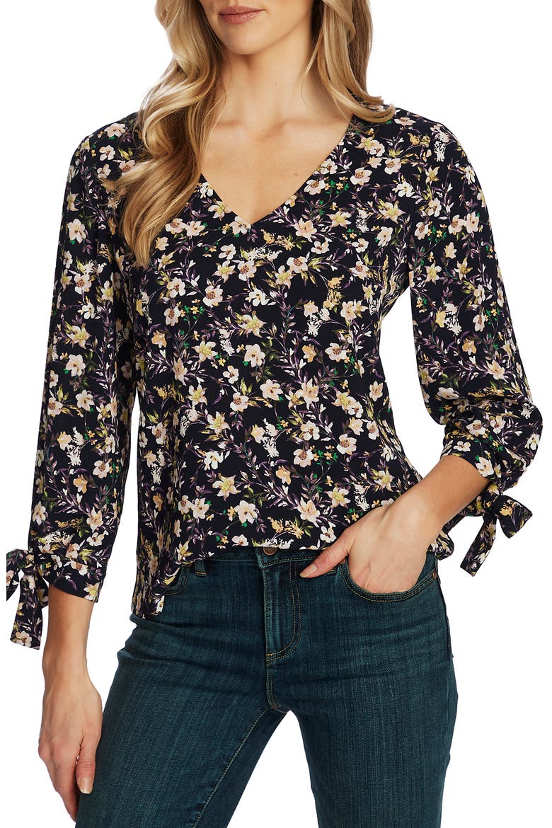 Botanic Charm Floral Tie Sleeve Blouse, Main, color, CAVIAR
