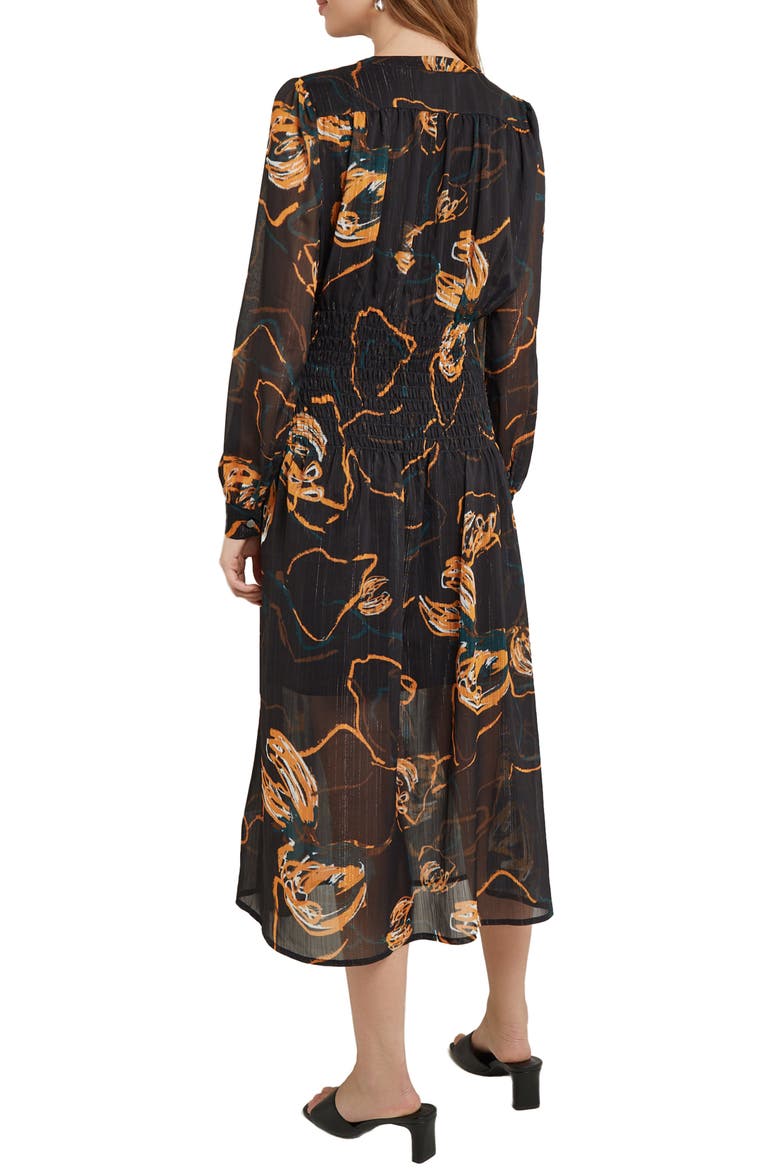 Print Smocked Waist Long Sleeve Midi Dress, Alternate, color, BLACK/ OCHR/ MUL