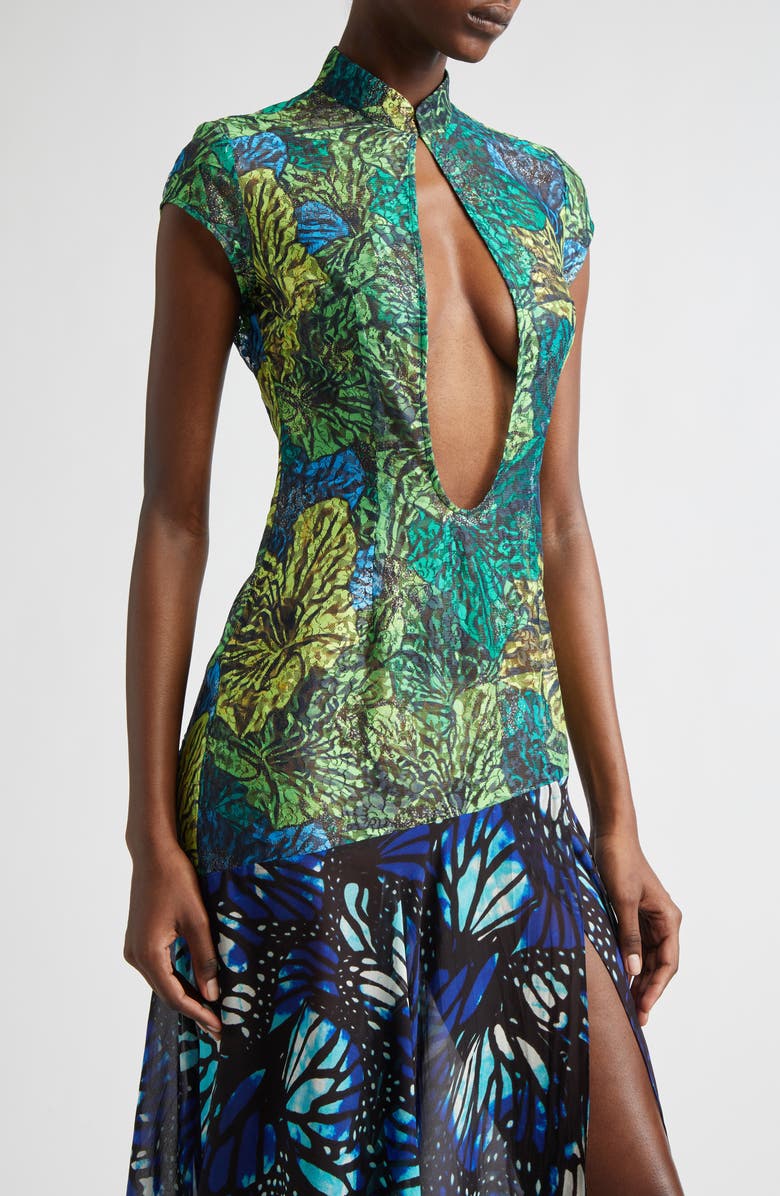 KIM SHUI Butterfly Print Lace & Silk Chiffon Plunge Neck Dress, Alternate, color, Green