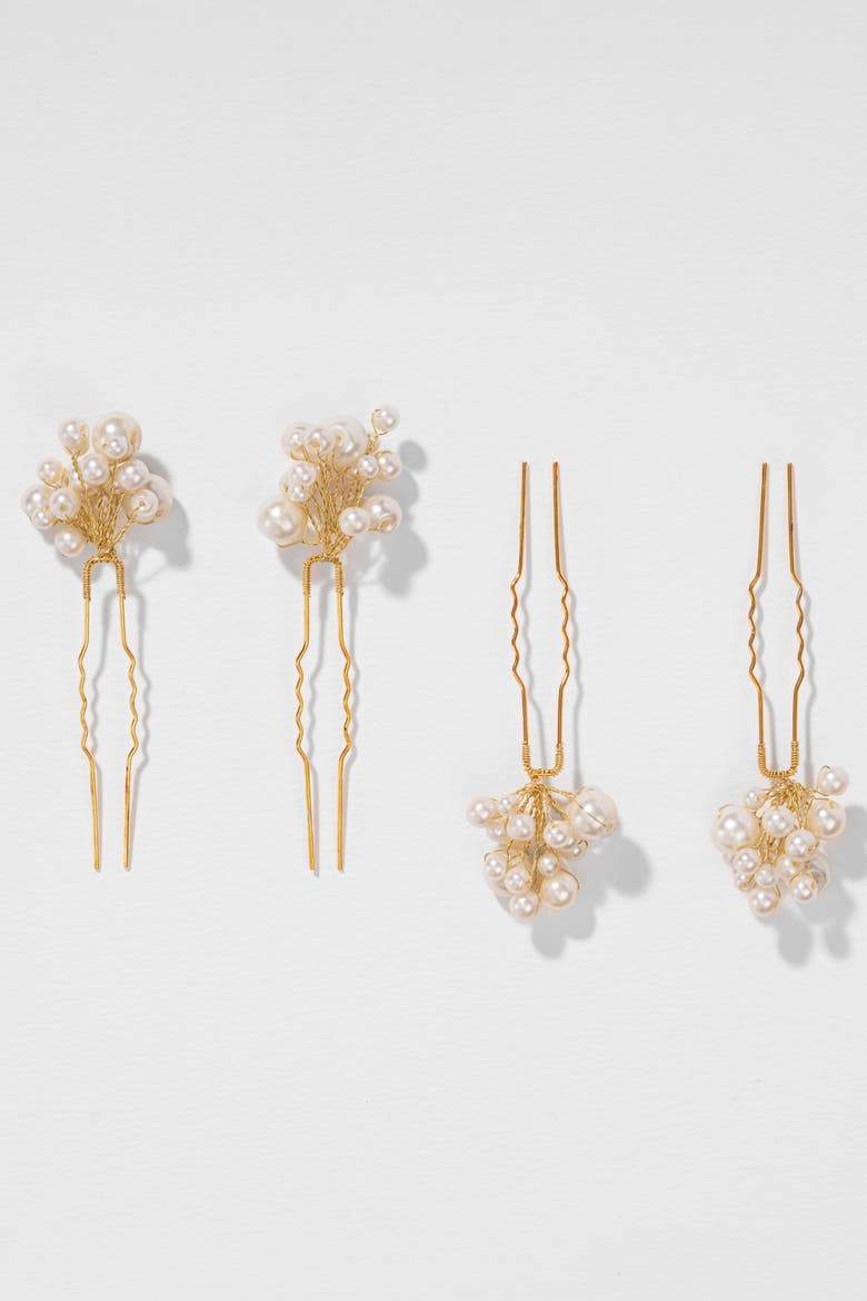 Set of 4 Pearls U Pins - White, Alternate, color, Metallic Gold