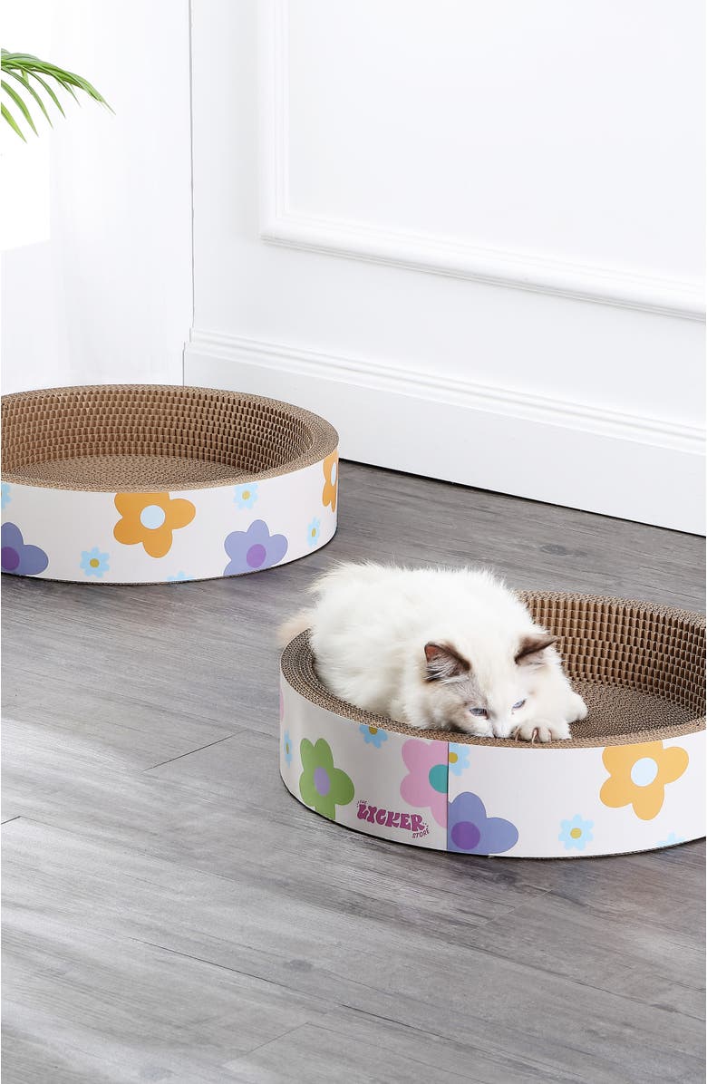 The Licker Store Daisy 18.13" Modern Cardboard Bowl Cat Scratcher with Catnip, Alternate, color, White/Multi