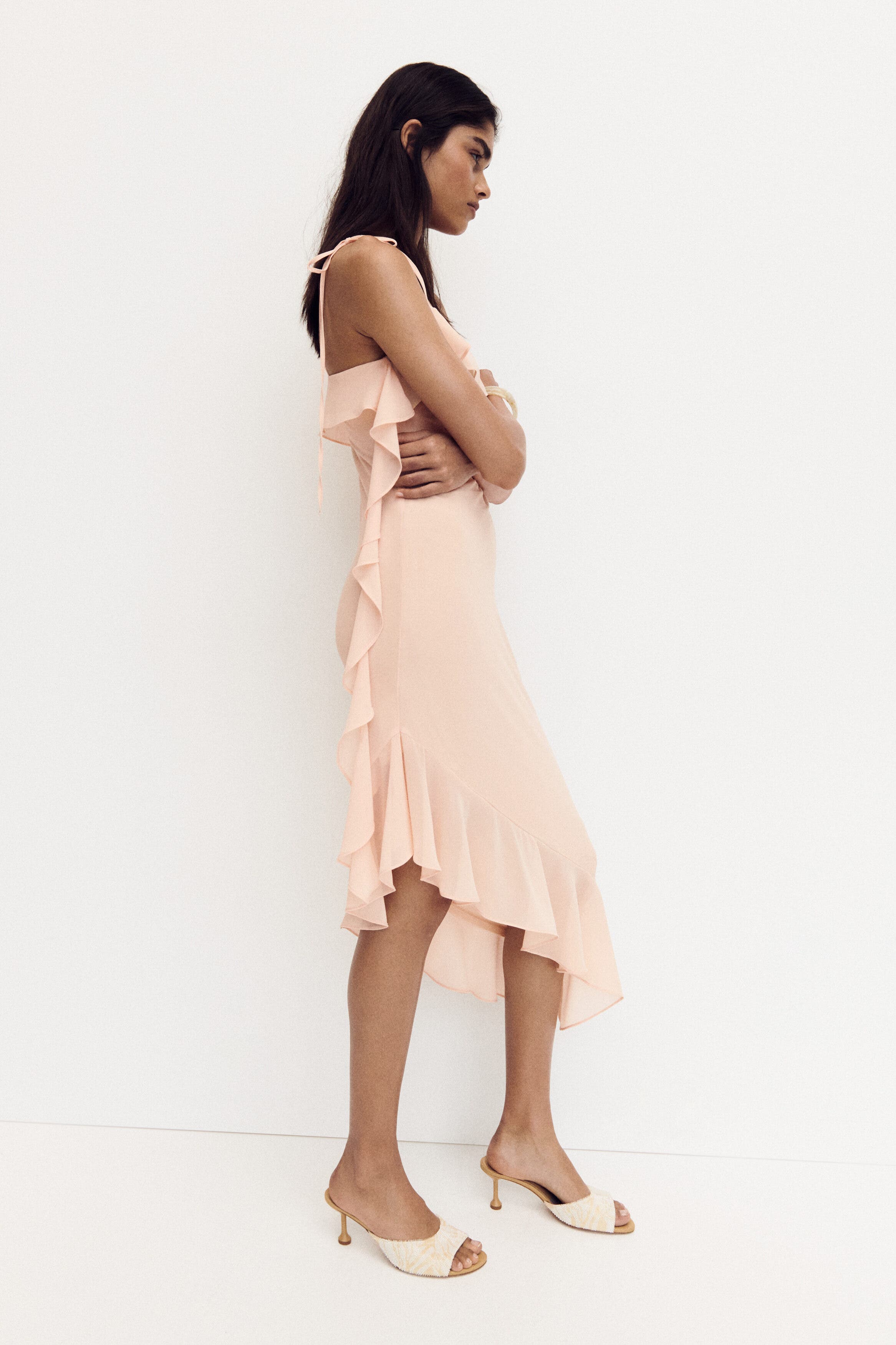 flounced chiffon dress h&m Women's Tie-strap - Pink Chiffon fabric Pant Size:M burgundy dress shoe Nova Striped Midi Dress flounced hem