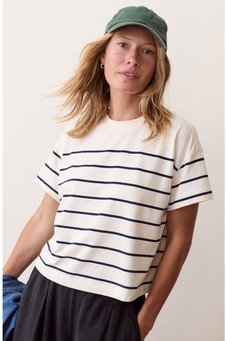 Miracle Jersey Striped Crewneck T-Shirt, Alternate, color, ANTIQUE WHITE AND NAVY STRIPE