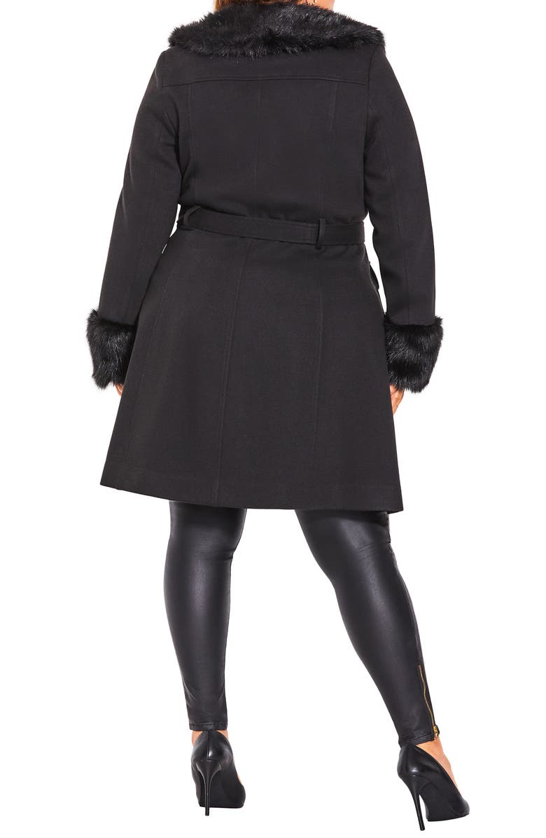 City Chic Blushing Belle Twill Coat with Faux Fur Collar, Alternate, color, Black
