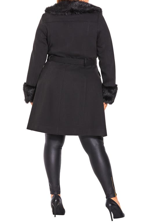 City Chic Blushing Belle Twill Coat With Faux Fur Collar In Black