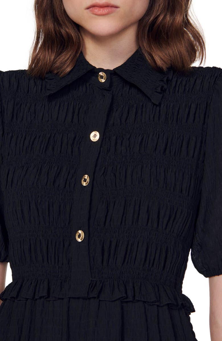 SANDRO Smocked Puff Sleeve Minidress, Alternate, color, Black