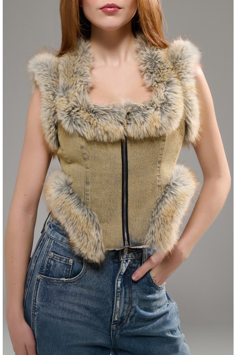 Zoraya Denim Vest with Faux Fur Trim, Main, color, DENIM