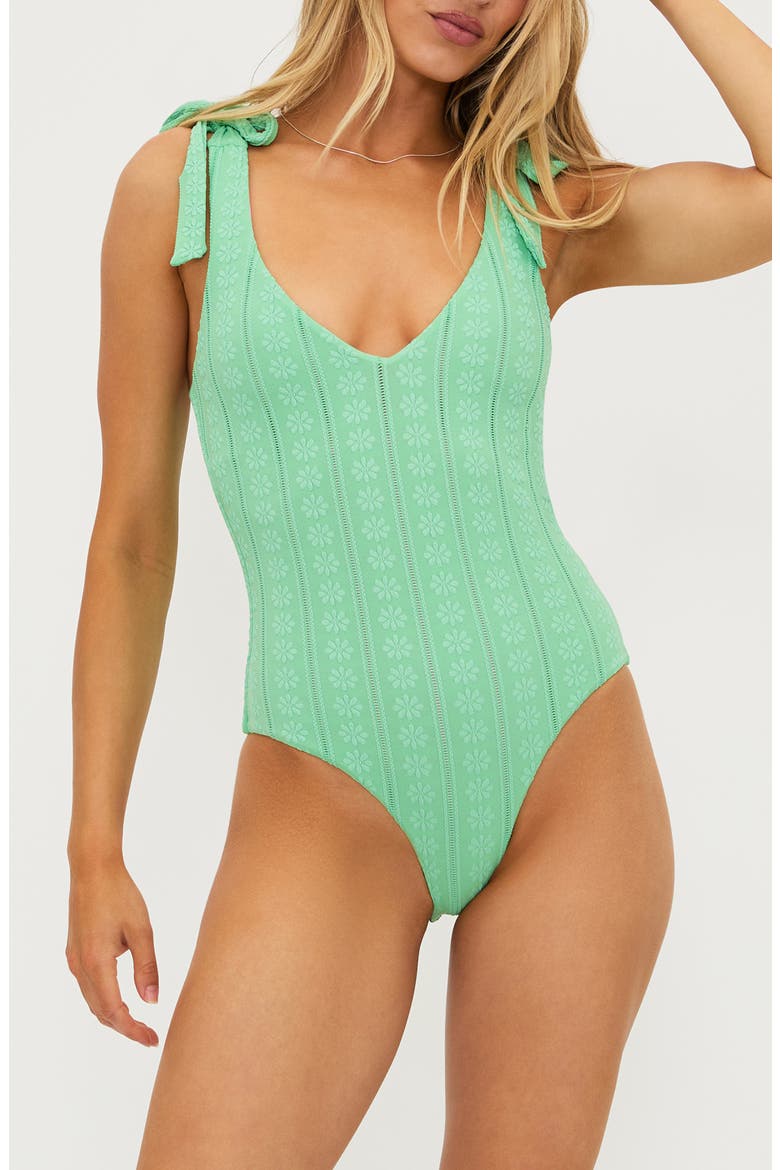 Akira Embroidered One-Piece Swimsuit, Main, color, SAGE BLOOM JACQUARD