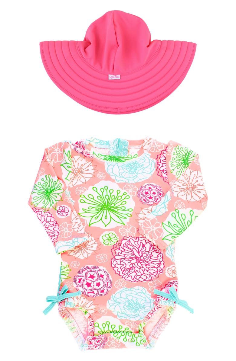 RuffleButts Tropical Garden One-Piece Rashguard Swimsuit & Reversible Sun Hat Set, Main, color, 