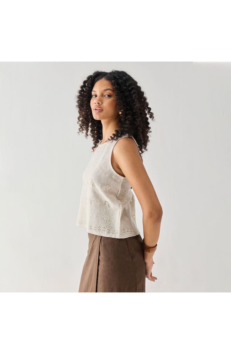 Reistor Embroidered Button Back Top in Checkered Linen, Alternate, color, Embroidered Linen White
