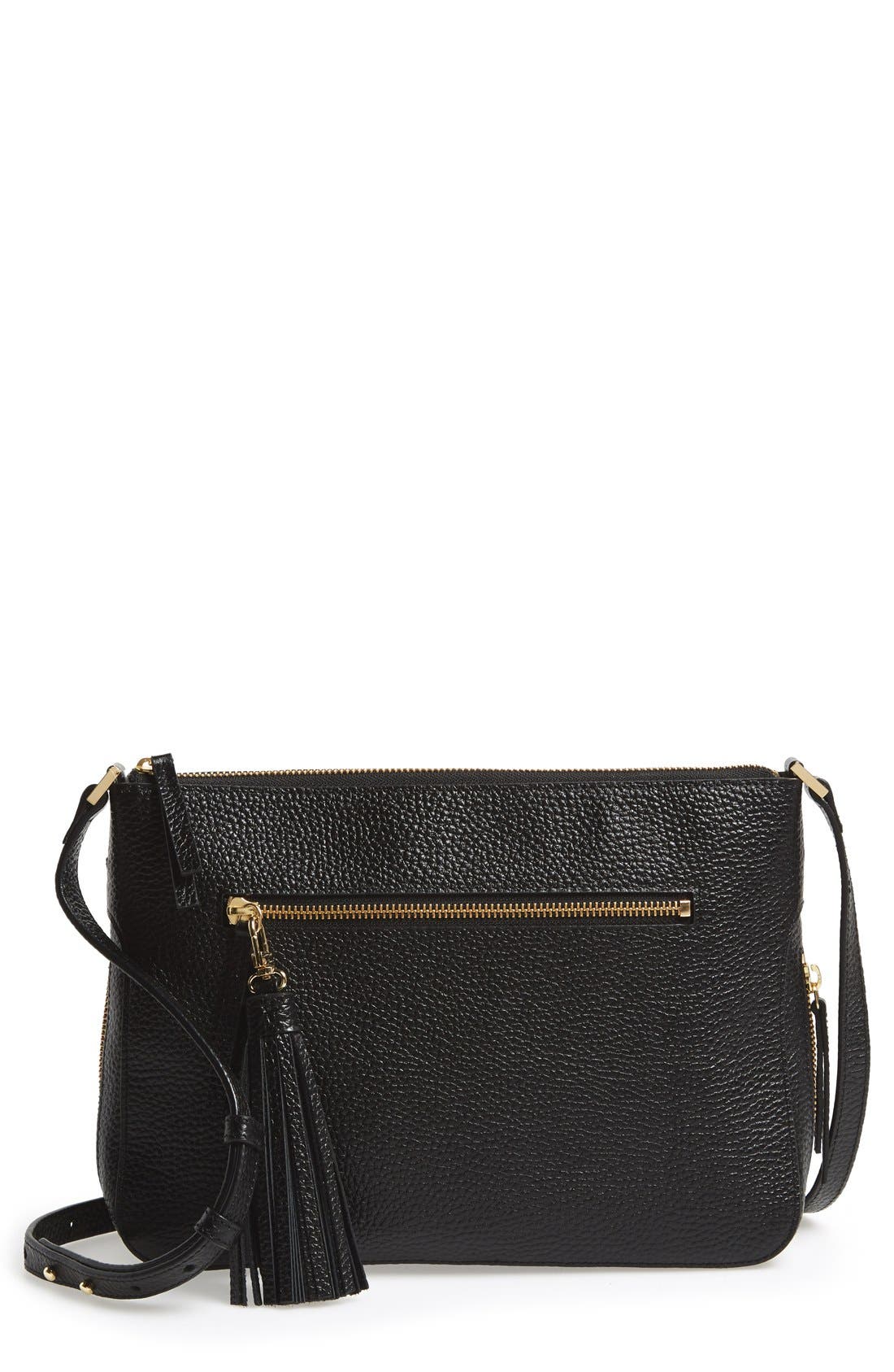 Halogen Tassel Leather Crossbody Bag, Main, color, BLACK