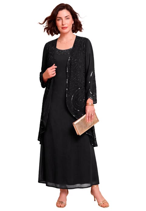 Plus Size 2 Piece Long Sleeve Beaded Georgette Gown Set With Detachable Jacket (plus)