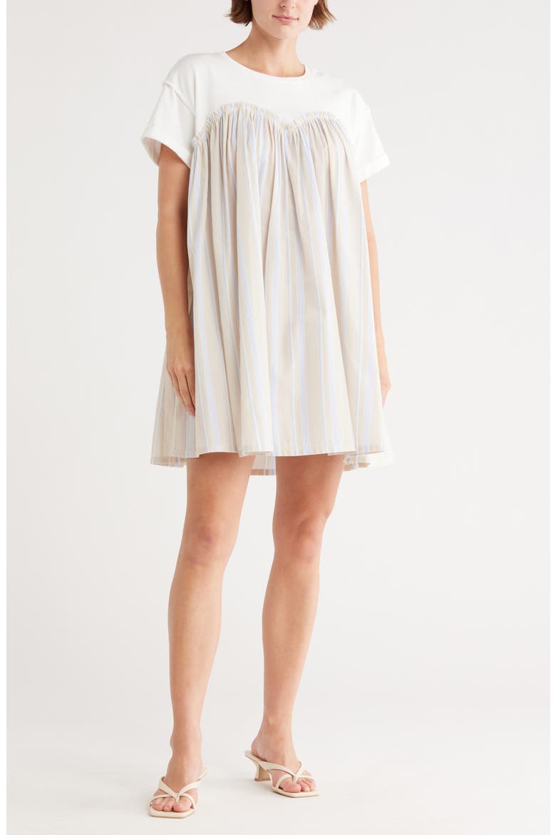 Stripe Twofer Mixed Media Cotton Babydoll Dress, Main, color, TAUPE COMBO